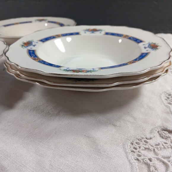 Myott Soup Bowls Fruit in Urn Set of 5 MYO100 Blue Band Scalloped Edge England - Picture 4 of 8